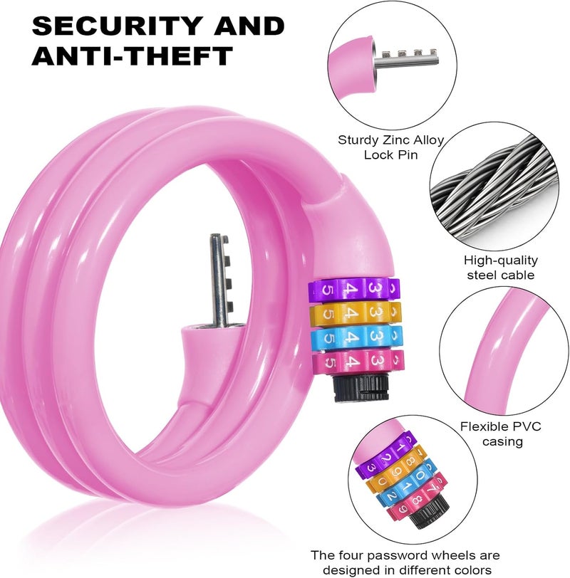 Ainiv Bike Lock, 25 inch Bike Lock Cable, Portable Anti Theft 4 Digits Codes Cable Locks, Resettable Combinations Coiling Bicycle Lock for Bike, Motorbike, Scooter, Skateboard, Gate, Fence (Pink) - Image 3